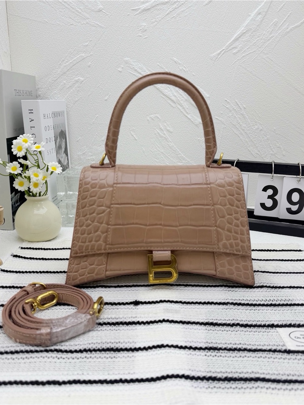 Balenciaga Croc-Embossed Top-Handle Satchel in Beige with Gold 'B' Hardware